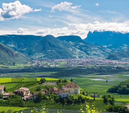 Blick auf Missian und Bozen mit Weinbergen und Bergen im Hintergrund Blick auf Missian und Bozen mit Weinbergen und Bergen im Hintergrund