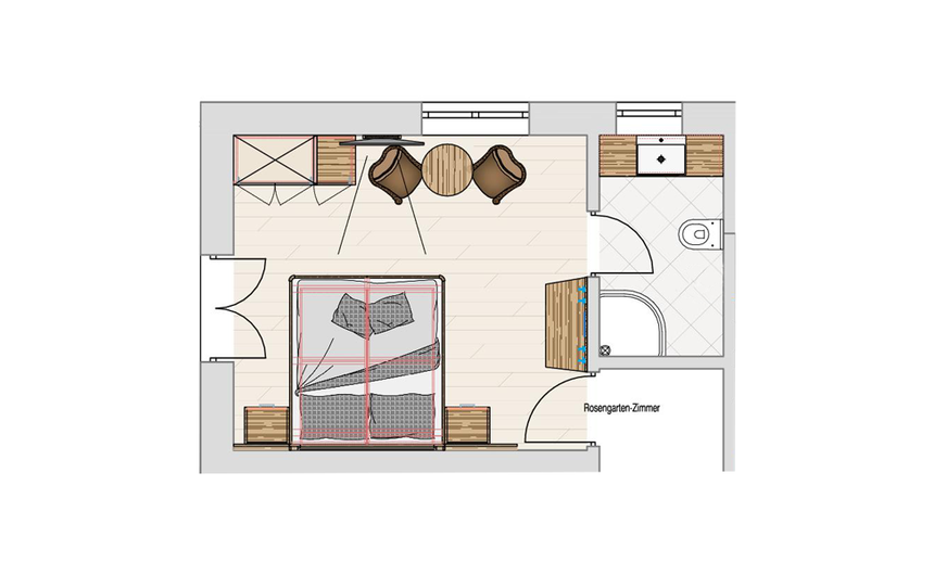 Gemütliches Doppelzimmer im Hotel Sonngart mit Ausblick auf den Rosengarten in Südtirol Gemütliches Doppelzimmer im Hotel Sonngart mit Ausblick auf den Rosengarten in Südtirol