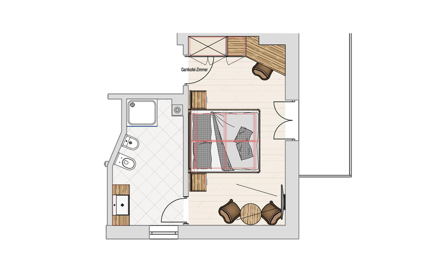Modernes Hotelzimmer im Gantkofel-Stil mit Doppelbett und Balkon im Sonngart Hotel Modernes Hotelzimmer im Gantkofel-Stil mit Doppelbett und Balkon im Sonngart Hotel
