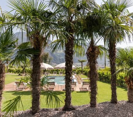 Außenpool und gepflegter Garten im Sonngart Andrian Hotel in Südtirol bei sonnigem Wetter Außenpool und gepflegter Garten im Sonngart Andrian Hotel in Südtirol bei sonnigem Wetter
