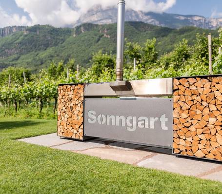 Außenpool und Garten im Hotel Sonngart in Andrian, Südtirol bei sonnigem Wetter Außenpool und Garten im Hotel Sonngart in Andrian, Südtirol bei sonnigem Wetter