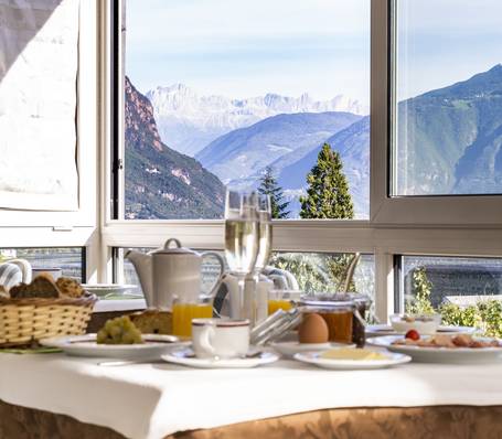 Panoramablick auf das Weingut Sonngart in Südtirol mit Weinbergen und Bergen im Hintergrund Panoramablick auf das Weingut Sonngart in Südtirol mit Weinbergen und Bergen im Hintergrund